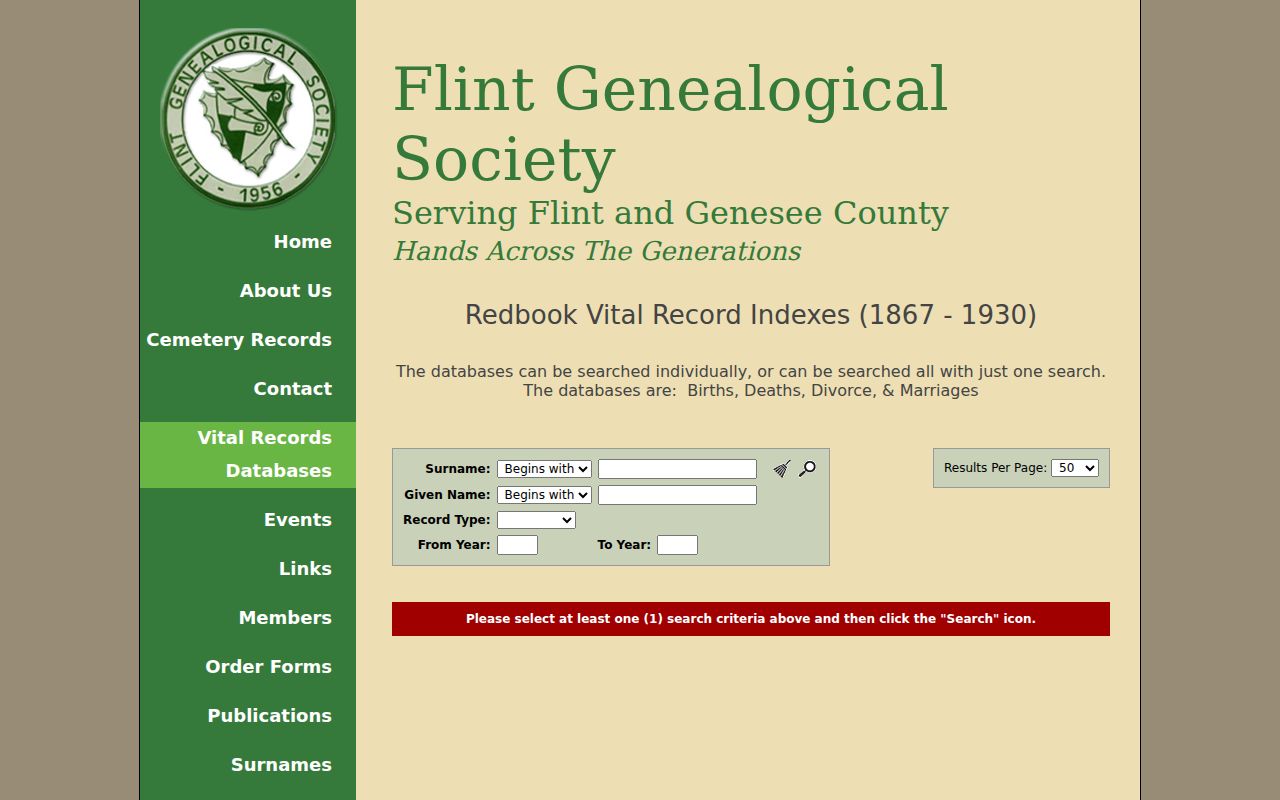 Genesee Township resident lookup Flint Genealogical Society vital index search